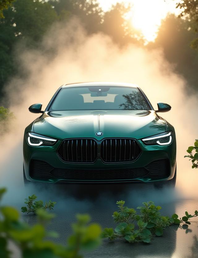 Coche de lujo bajo una suave niebla de vapor con hojas de menta flotando